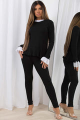 long sleeve frilly ribbed top and legging co ord set
