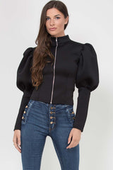 black puff sleeve scuba jacket with zip up front