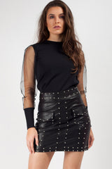 black faux leather stud detail mini skirt 