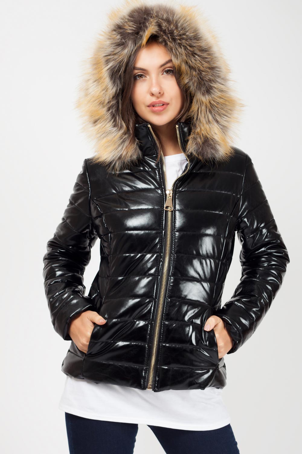 shiny quilted jacket with fur hood