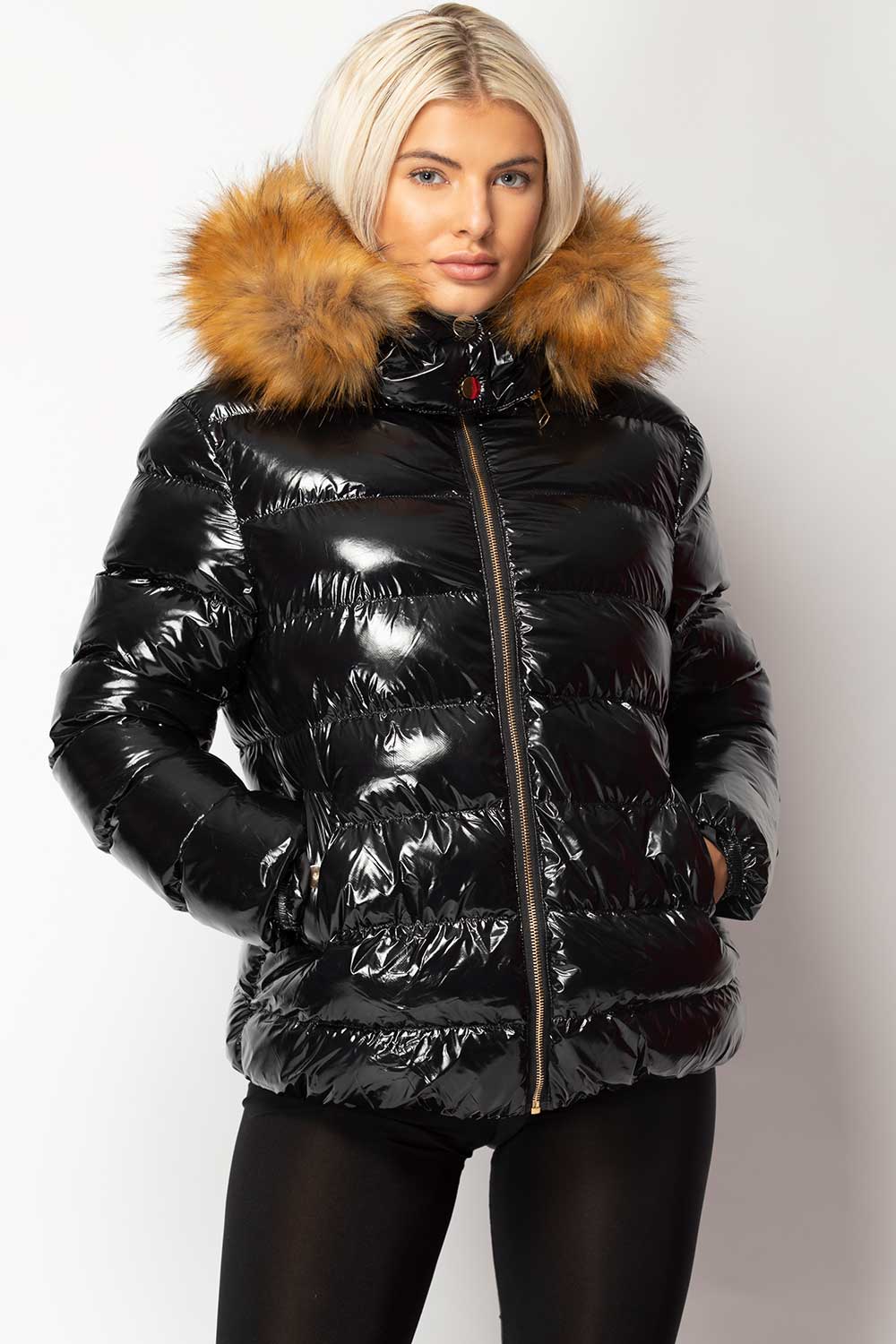 fur hood shiny puffer coat black 