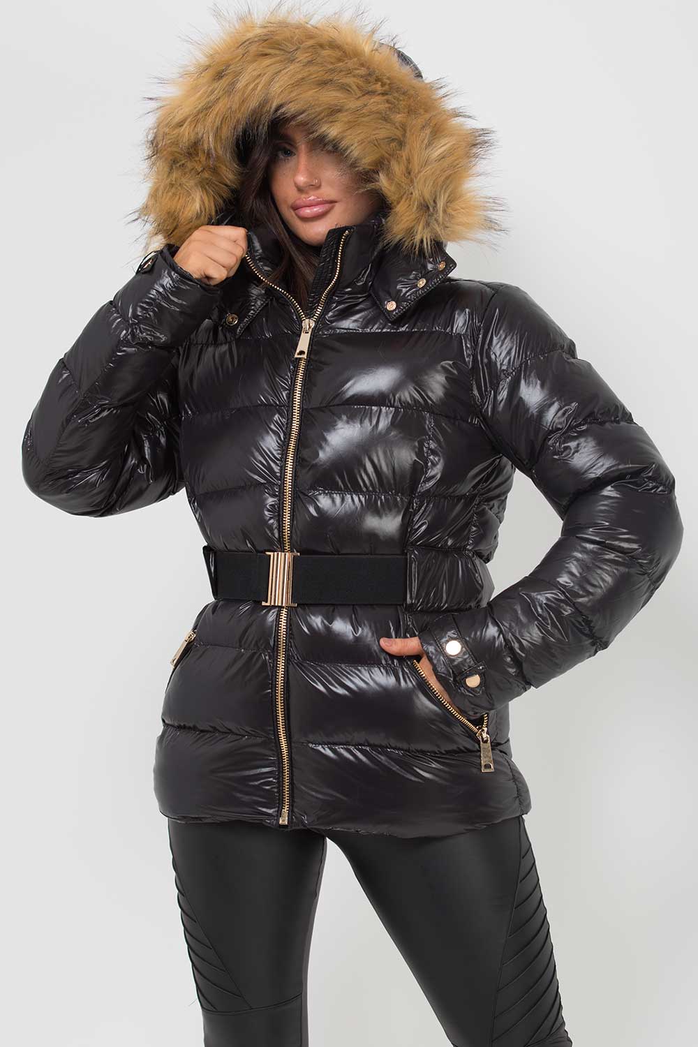 black shiny puffer jacket with chunky faux fur hood