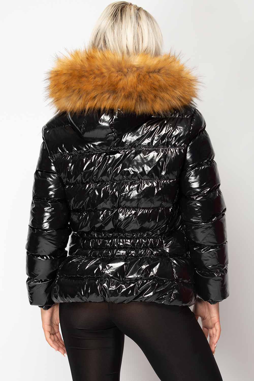 big fur hood shiny black coat