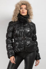 shiny puffer coat with real fur hood 