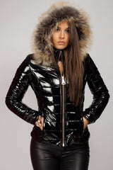 black shinny faux fur hood coat on sale 