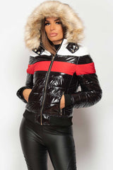 black shiny wet look puffer jacket womens 