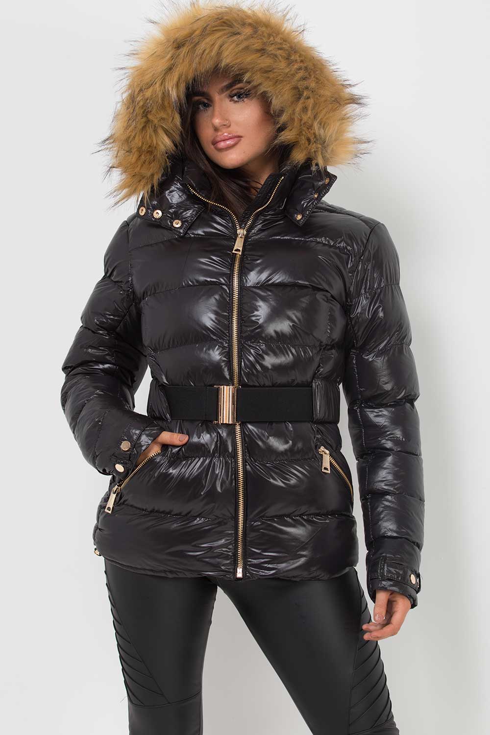 Women's Shiny Puffer Belted Jacket With Faux Fur Hood –
