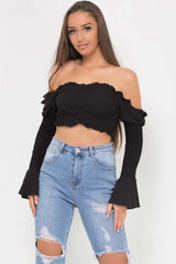 black shirred ruched front flare sleeve crop top 