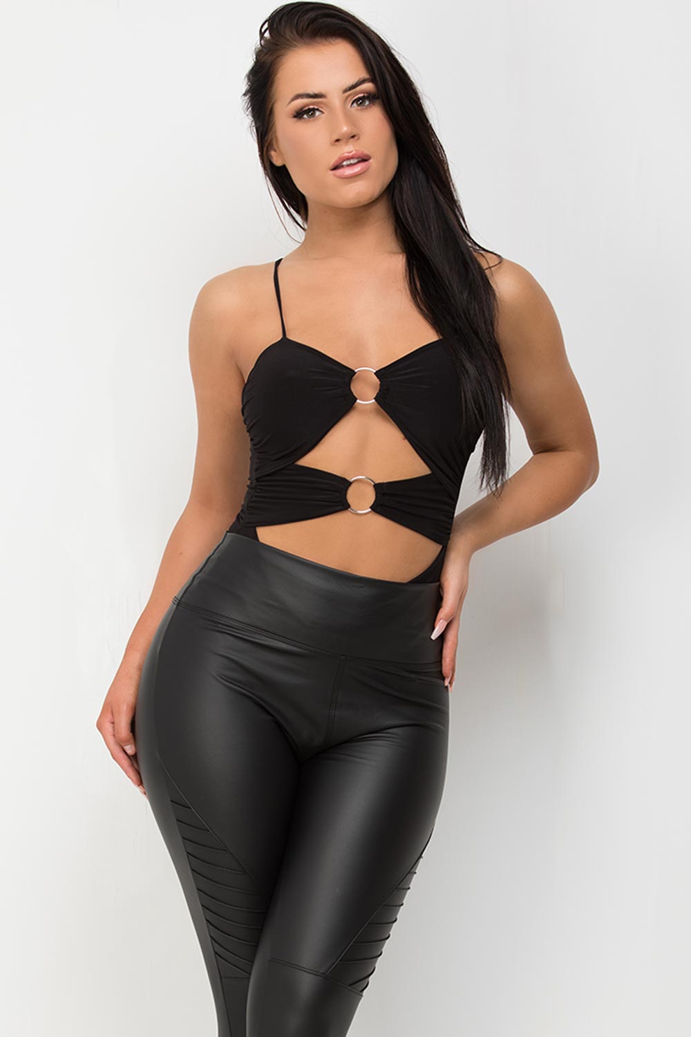 black slinky bodysuit with cut out ring detail
