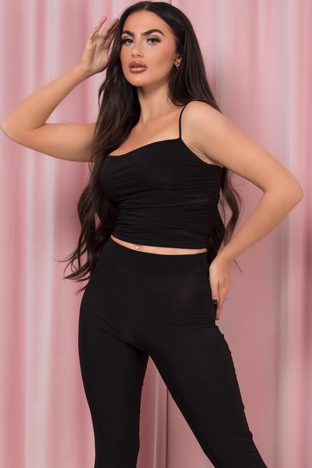 Black Ruched Slinky Top With Spaghetti Straps –