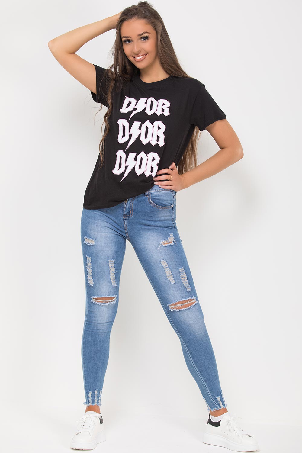 womens black dior print t shirt uk