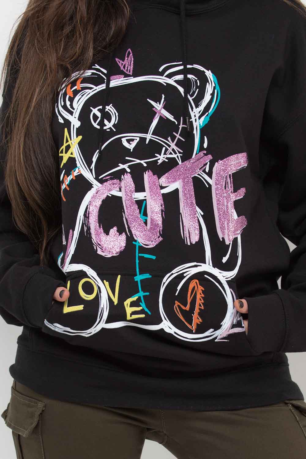 Women's Black Oversized Hoodie With Teddy Bear Graphic Print –