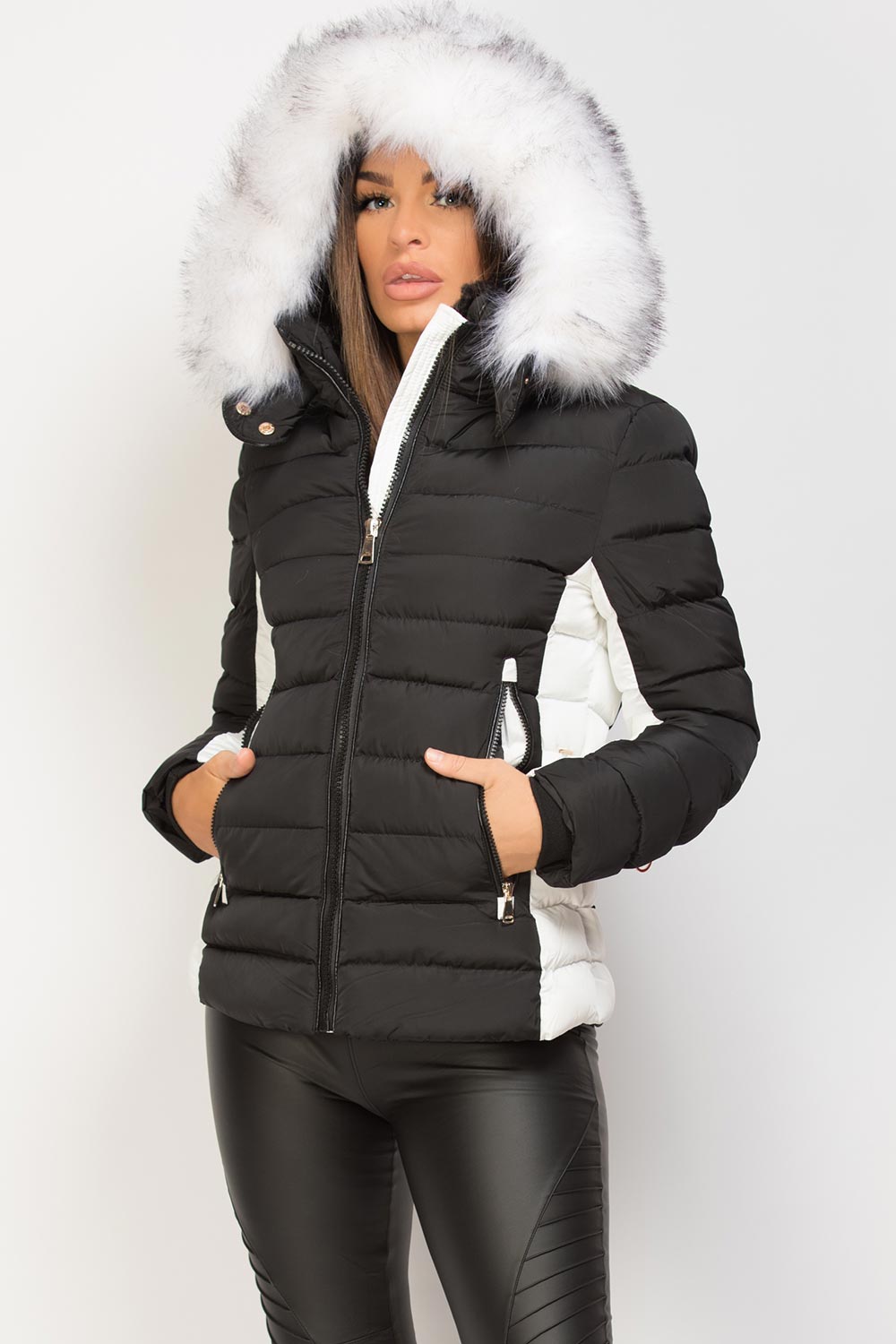 white fur hood puffer jacket womens uk 