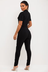 womens black jumpsuit with utility pockets and zip front