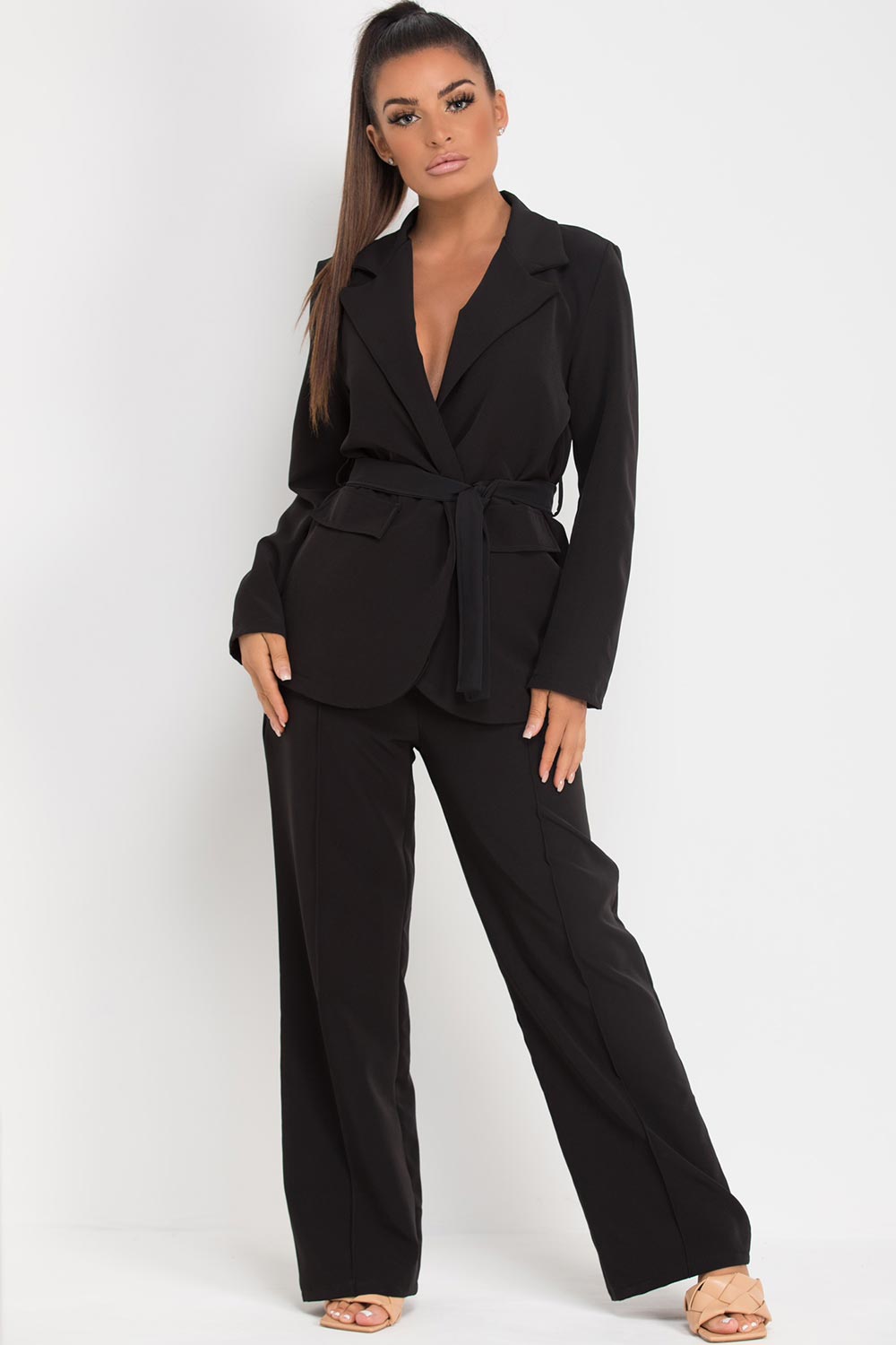 Belted Blazer And Wide Leg Trousers Set Black Two Piece Co-Ord –