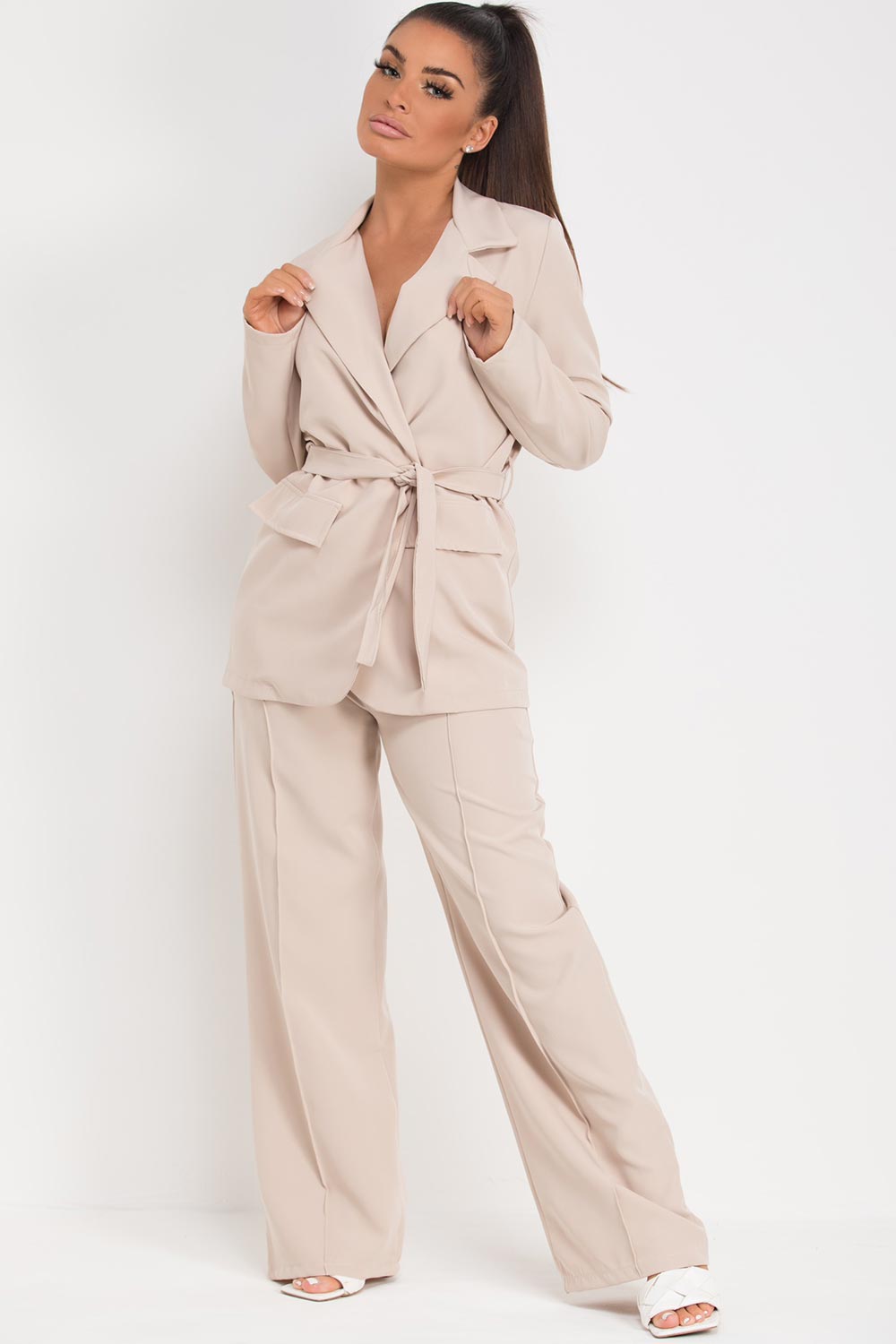 Belted Blazer And Wide Leg Trousers Set Stone Two Piece Co-Ord