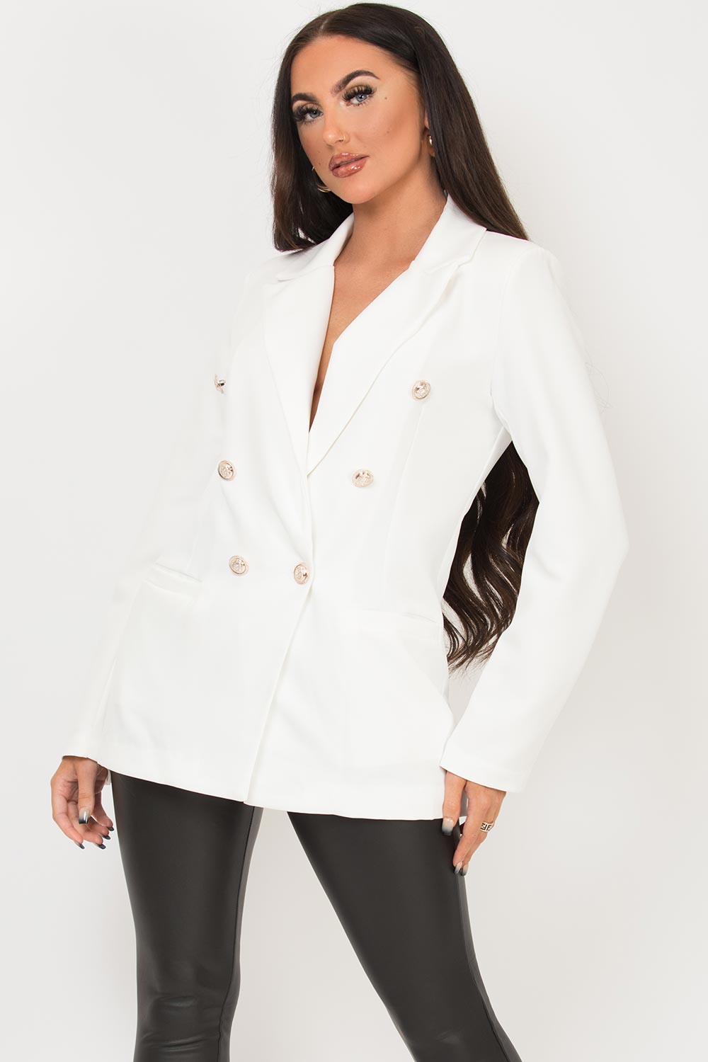 womens white blazer jacket with gold buttons