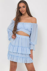 chiffon crop top and skirt set sky blue