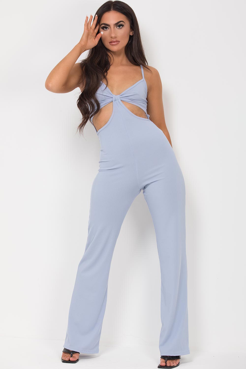blue cut out front rib strappy jumpsuit