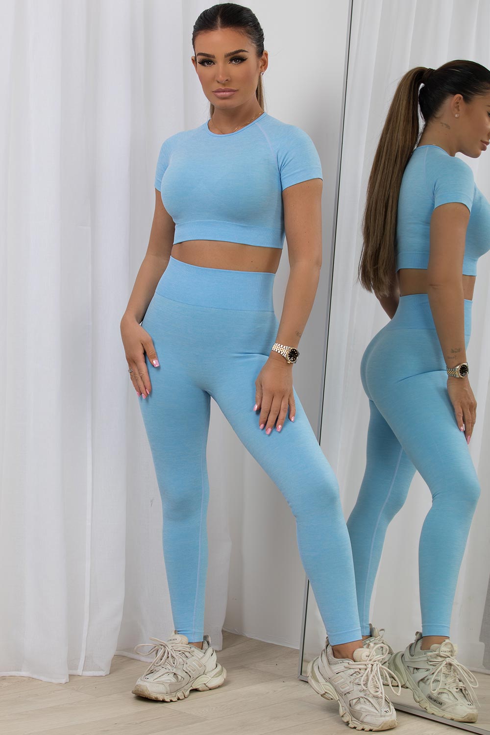 Women's Gym Set With Short Sleeves Sky Blue Seamless Activewear