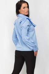 frill shoulder long sleeve shirt blouse blue