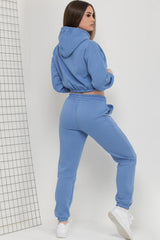 crop hoodie with drawstring waist and joggers lounge set blue 