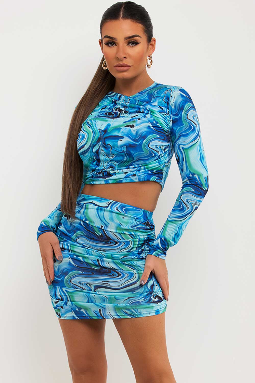 marble print slinky ruched mini skirt and top co ord