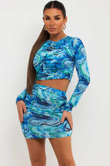 marble print slinky ruched mini skirt and top co ord