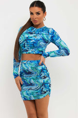 ruched long sleeve crop top and mini bodycon skirt co ord marble print