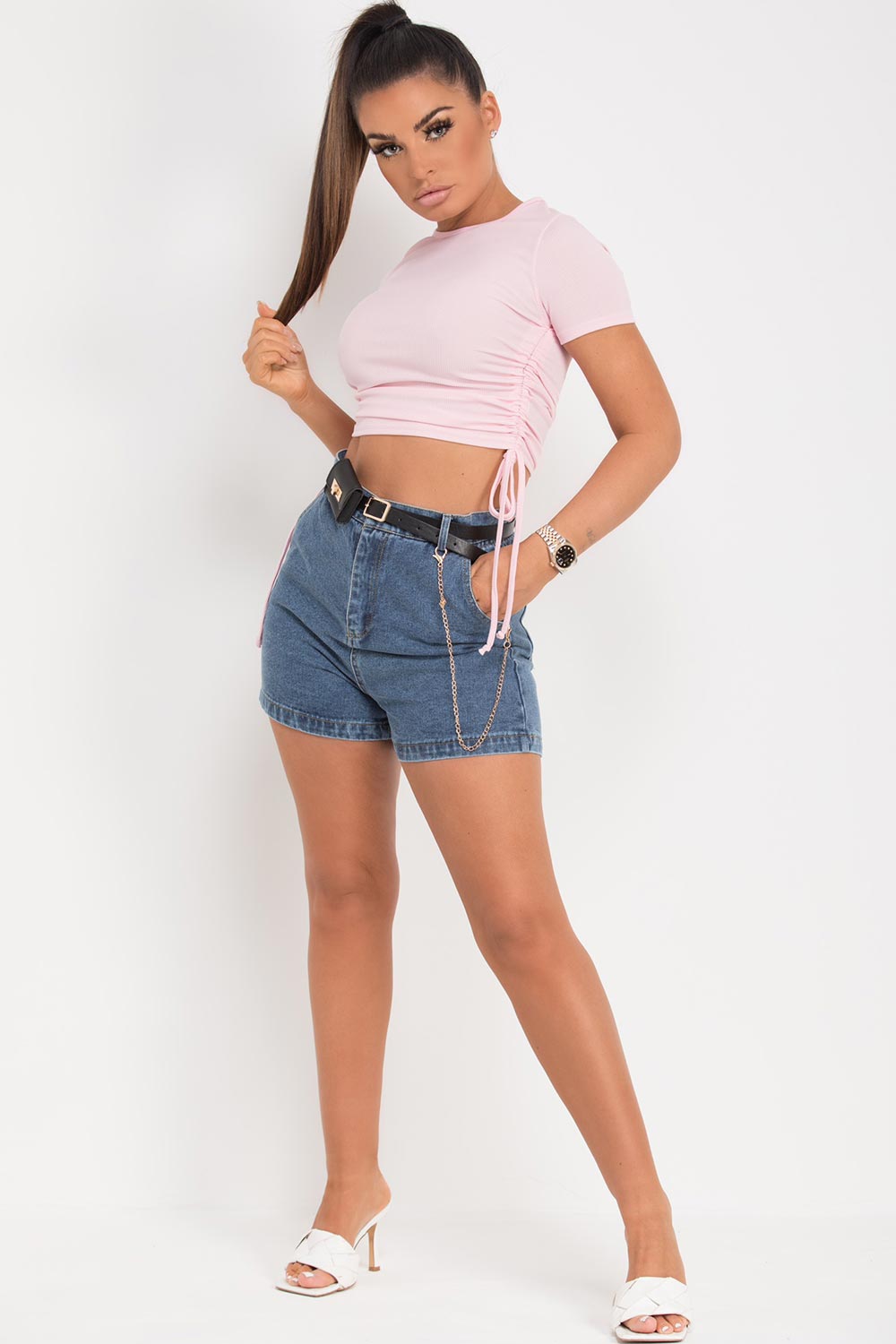 pink rib ruched crop top 