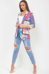 scarf print blazer with ruched sleeves