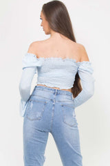 ruched front shirred flute sleeve crop top blue
