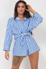 blue stripe oversized shirt and shorts set womens