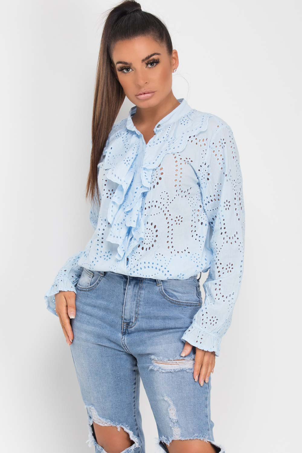 blue ruffle broderie anglaise blouse uk