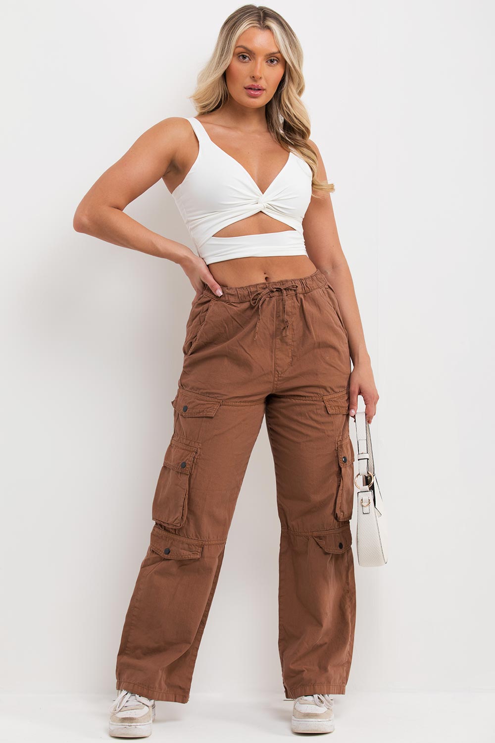 elasticated waist cargo trousers with side pockets