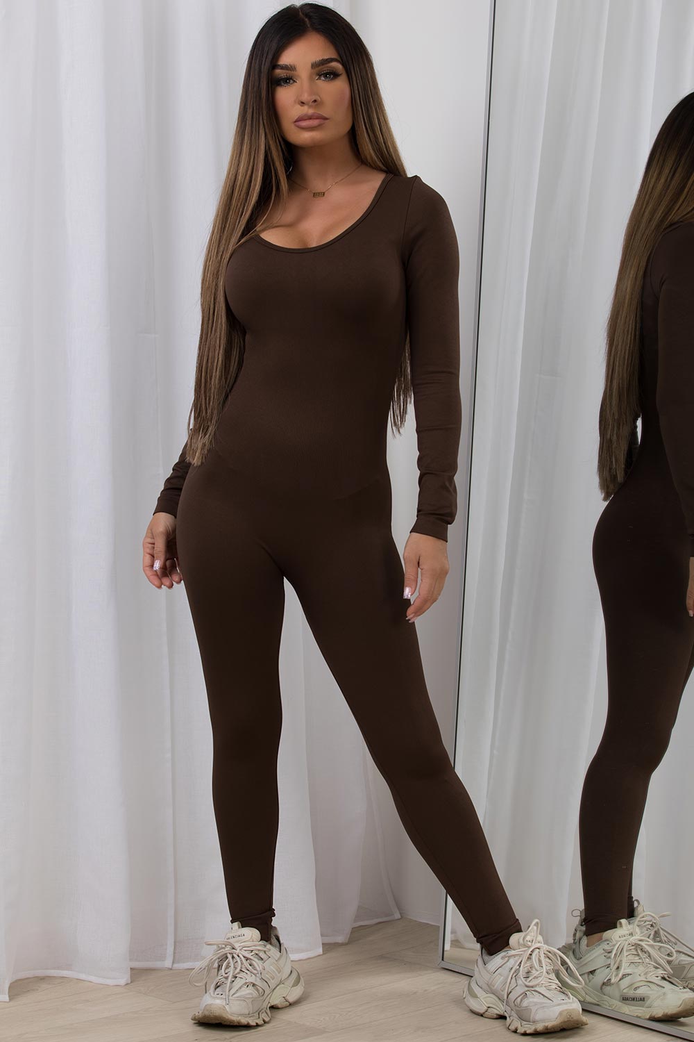 Women's Long Sleeve Jumpsuit Unitard Brown –
