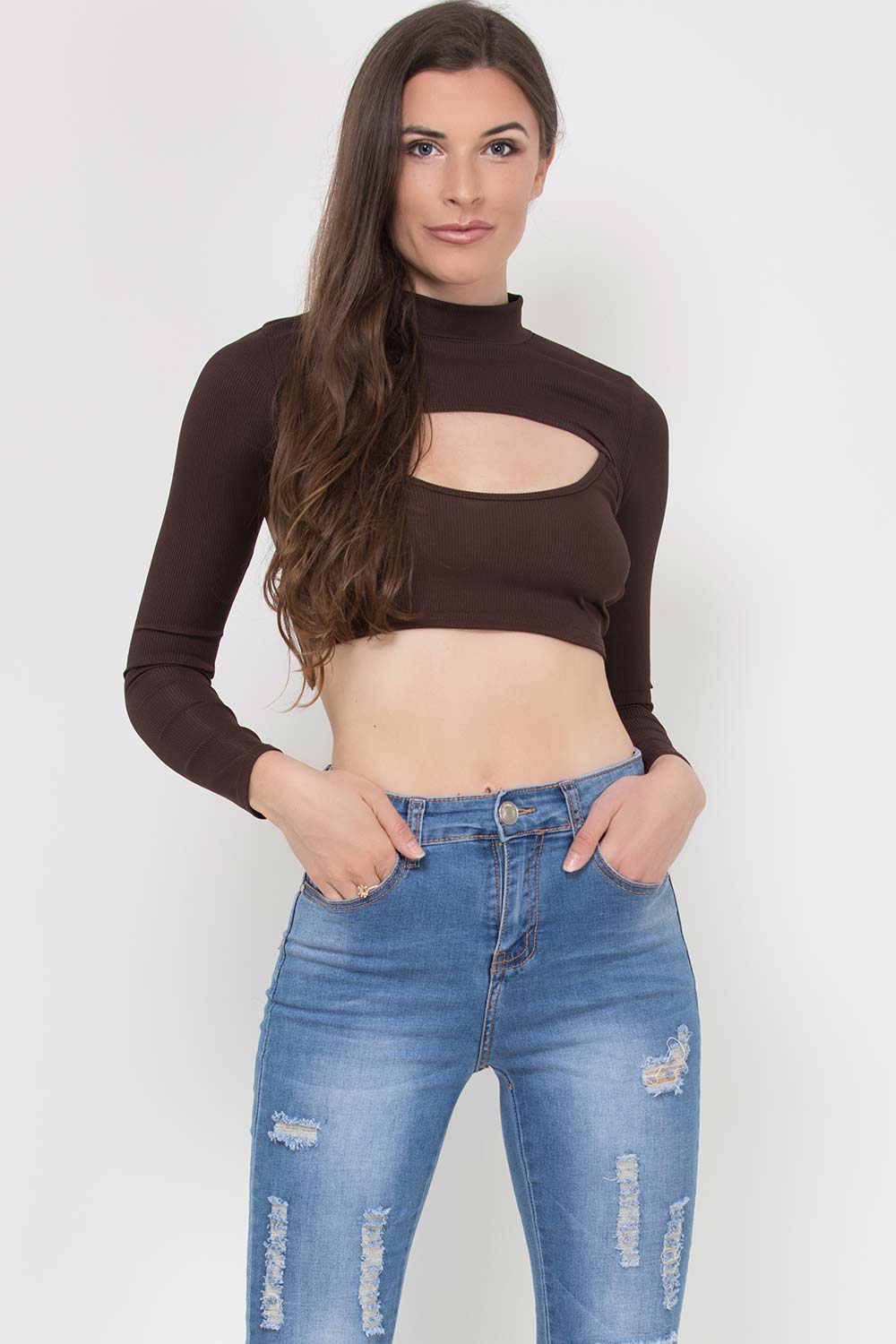 long sleeve keyhole crop top chocolate brown