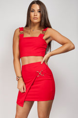red two piece skirt and top