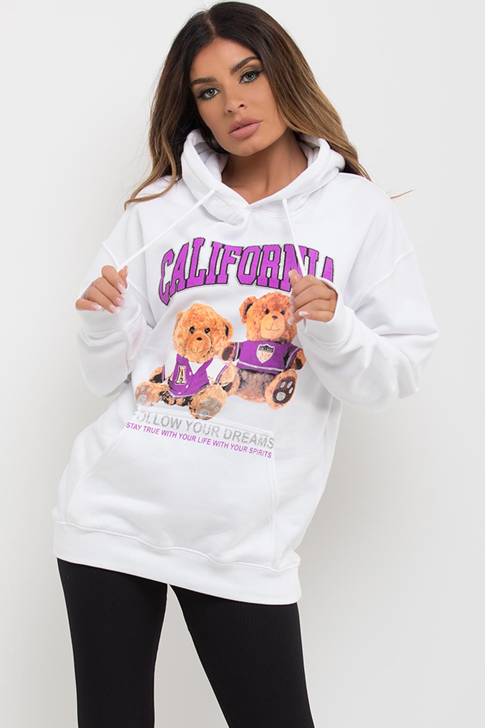 womens white oversized hoodie with teddy bear california graphic print