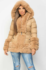 faux fur trim puffer jacket camel 