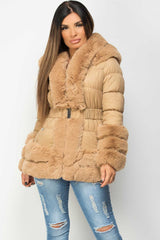 faux fur hood and cuff puffer down jacket camel