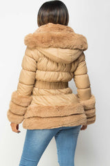 puffer jacket with faux fur hood and cuff camel