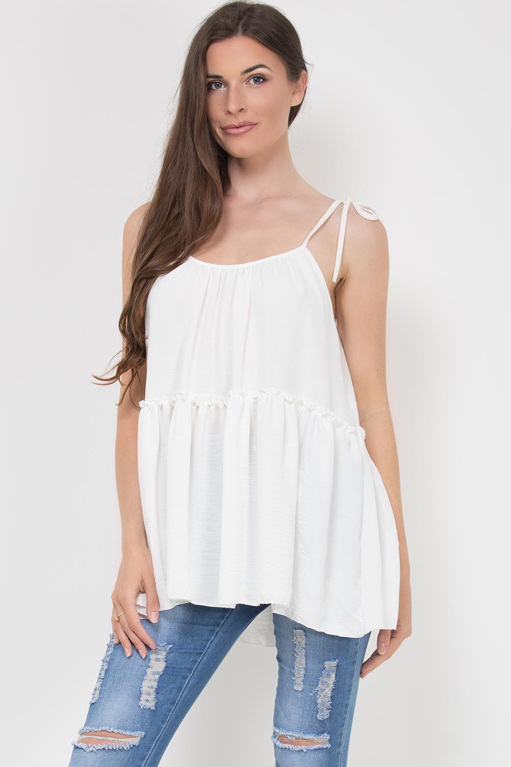 Strappy Knot Smock Tiered Cami Top Cream –