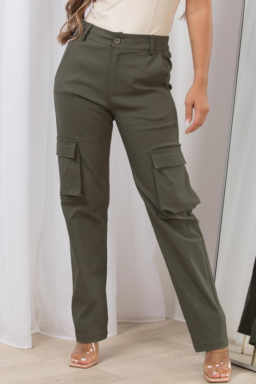 High Waist Pocket Tied Hem Detail Straight Leg Cargo Trousers In Khaki  Green  EGO