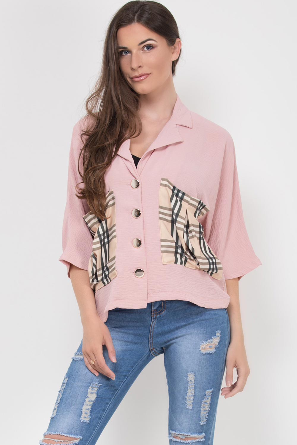 pink oversized shirt blouse with check pockets and gold buttons