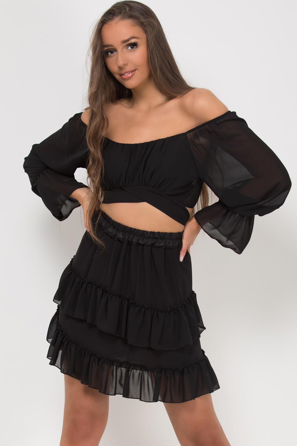 off shoulder crop top skirt two piece set black