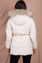 pink puffer jacket with fur hood 