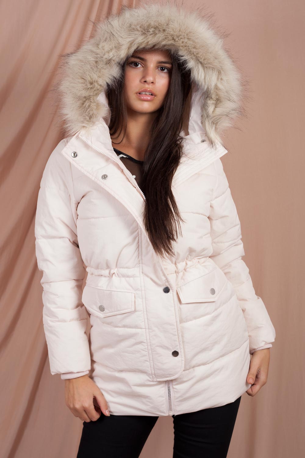 faux fur hooded puffer jacket pink 