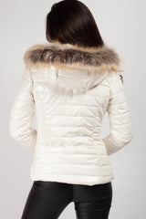 white shiny faux fur hood coat 