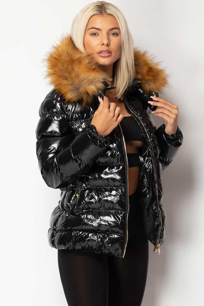 Black Shiny Puffer Jacket With Chunky Fur Hood On Sale – Styledup.co.uk